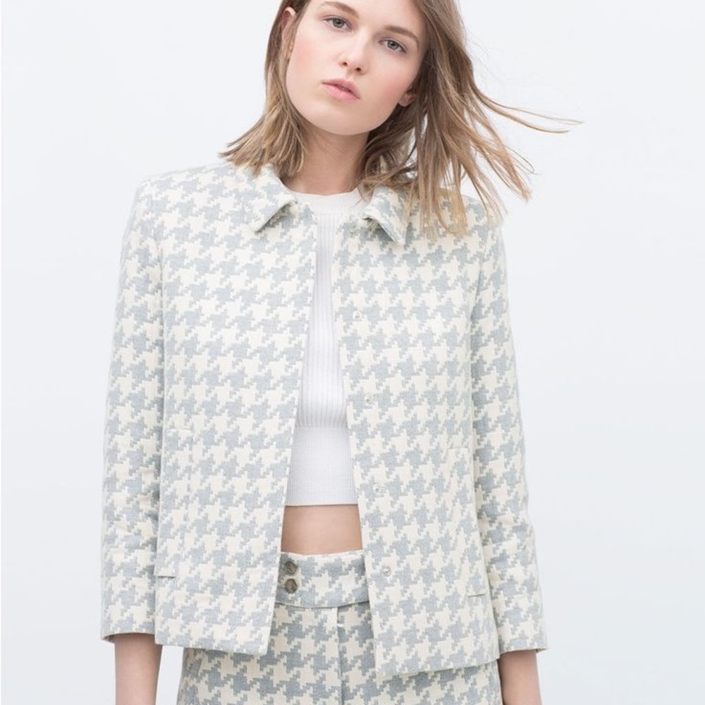 Zara blue and cream Women's Houndstooth Jacket Xs